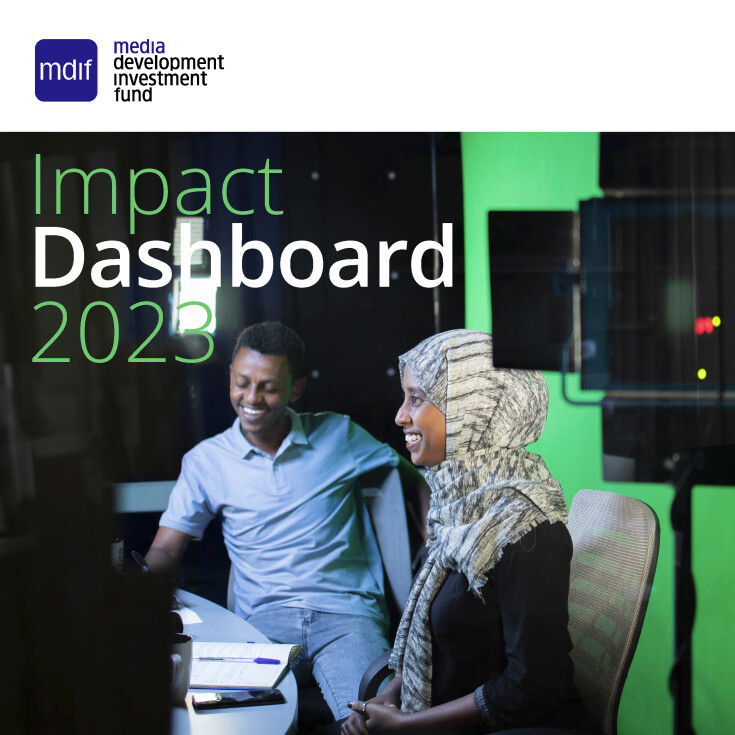 Front page of MDIF Impact Dashboard 2023. Two people sit in a studio