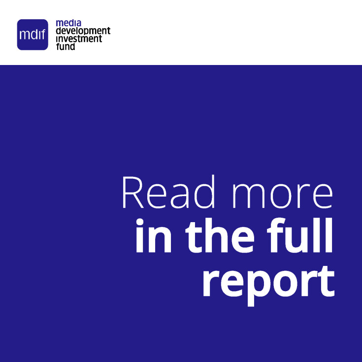 A graphic with a blue background featuring the Media Development Investment Fund (MDIF) logo in the top left corner. Bold white text in the center reads: “Read more in the full report,” encouraging viewers to explore additional information.