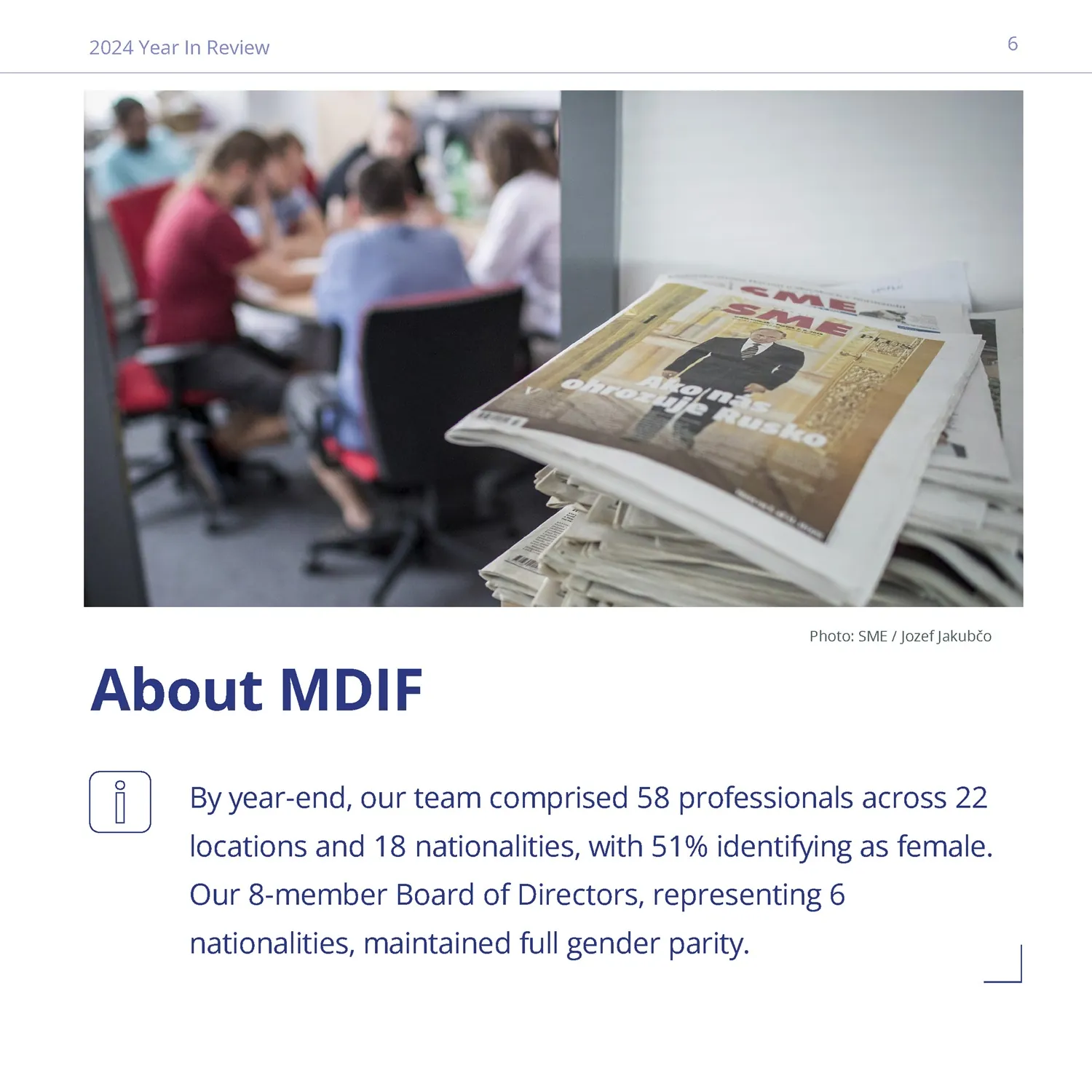 By the end of 2024, MDIF had 58 staff across 22 locations and 18 nationalities, with 51% identifying as female. The 8-member Board of Directors maintained full gender parity.