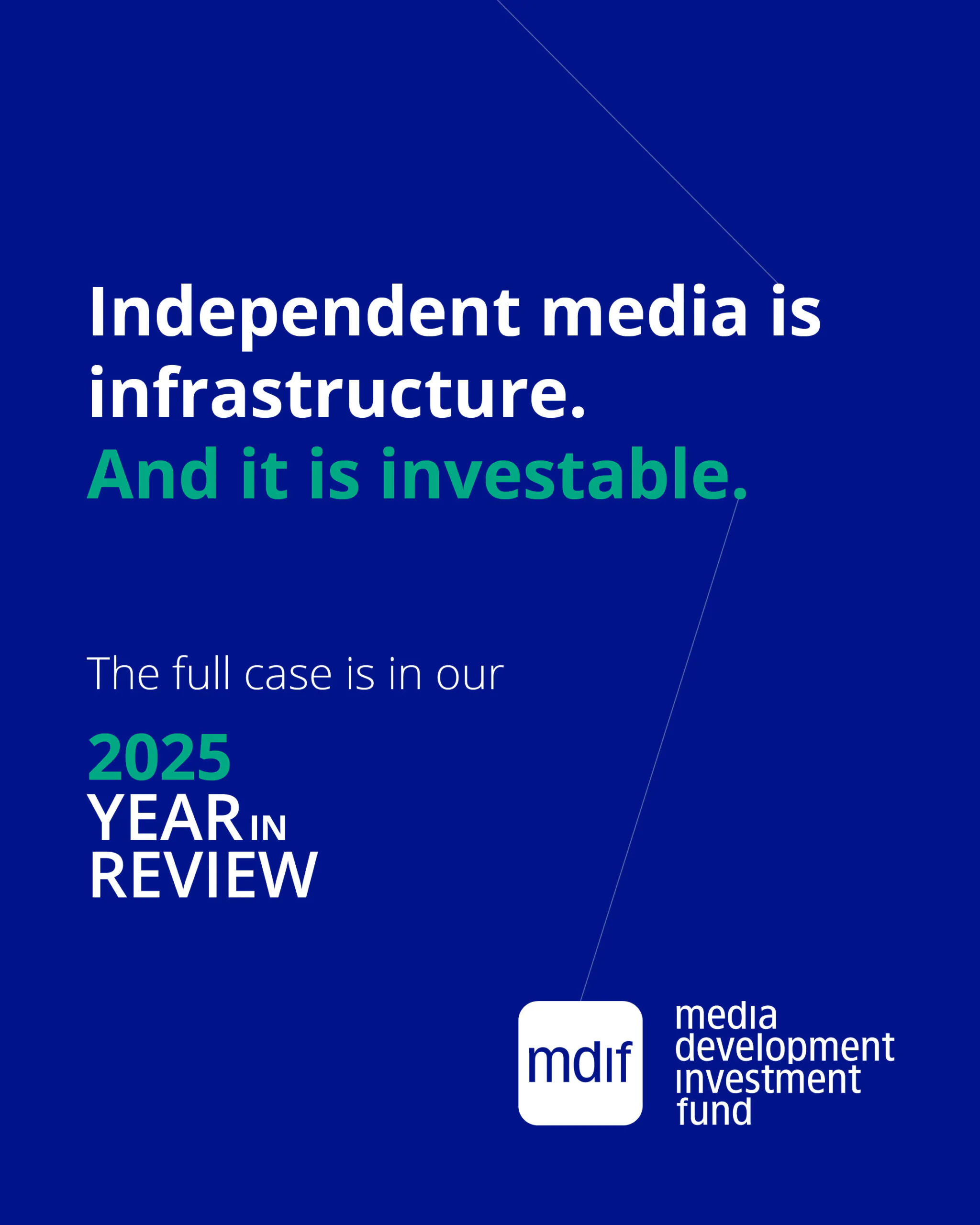 Carousel 8: Closing slide on a deep blue background stating: “Independent media is infrastructure. And it is investable.” It invites readers to explore the full case in MDIF’s 2025 Year in Review and displays the Media Development Investment Fund logo.