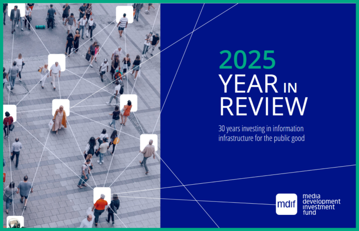 Cover of MDIF’s 2025 Year in Review. An overhead photograph shows people crossing a paved public square, with selected individuals highlighted by white rounded rectangles and connected by thin white lines. The right half is deep blue and reads: “2025 Year in Review — 30 years investing in information infrastructure for the public good,” with the Media Development Investment Fund logo at the bottom.